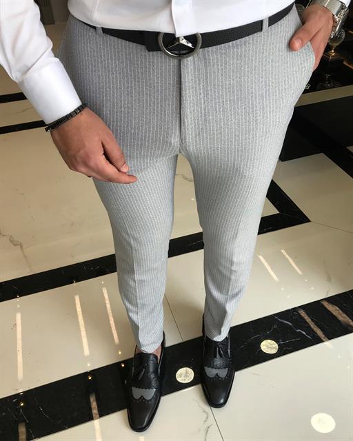 italian slim fit striped men's trousers gray T9436