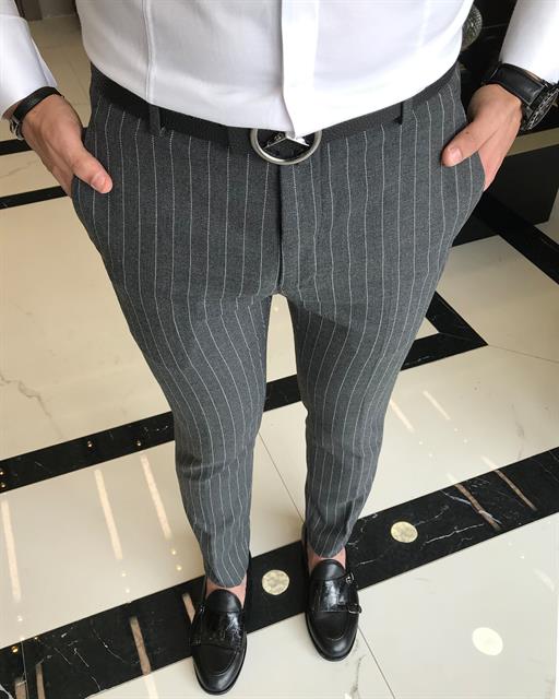 italian slim fit striped men's trousers gray T9434