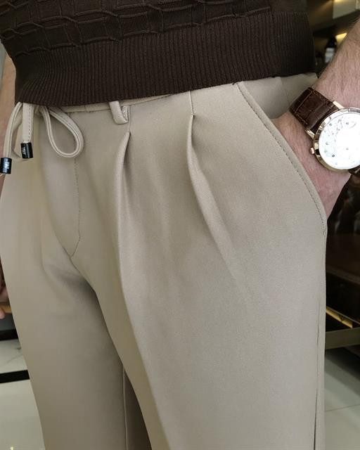 italian cut slim fit men's waist tie pleated trousers camel T9142