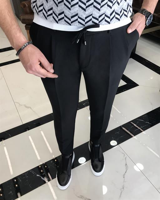 italian slim fit men's waist tie pleated trousers black T9141