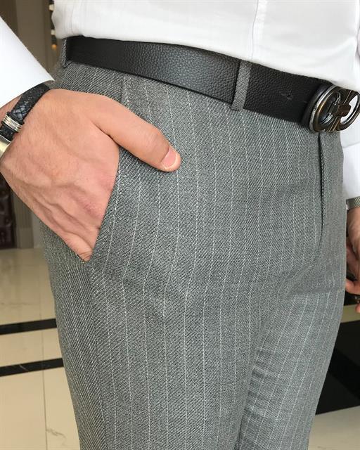 italian slim fit men's striped trousers gray T9148
