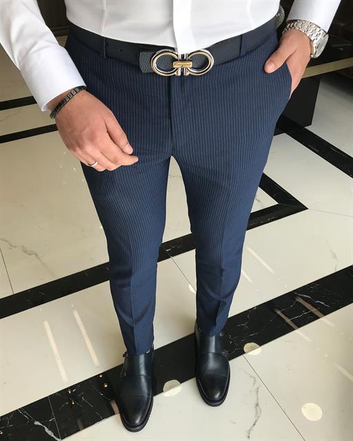 italian slim fit men's striped trousers navy blue T9430