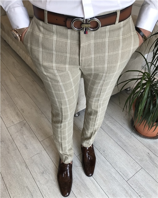 İtalyan kesim slim fit erkek ekose bej kaşe pantolon T6280