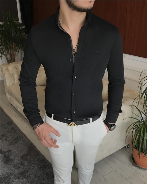 İtalyan kesim slim fit erkek küçük yaka gömlek Siyah T7114