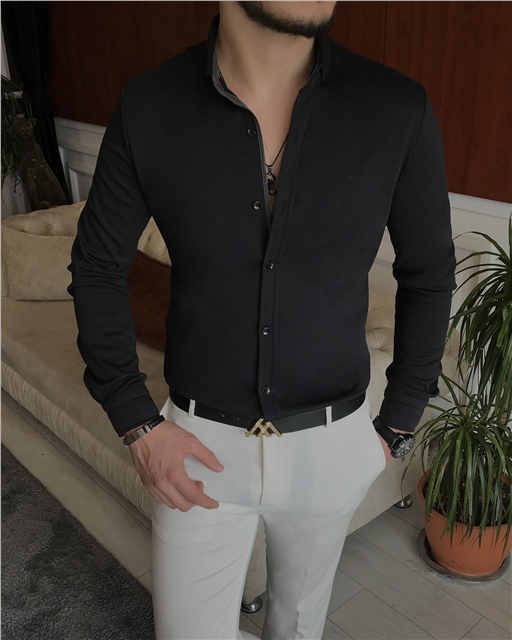 İtalyan kesim slim fit erkek küçük yaka gömlek Siyah T7114