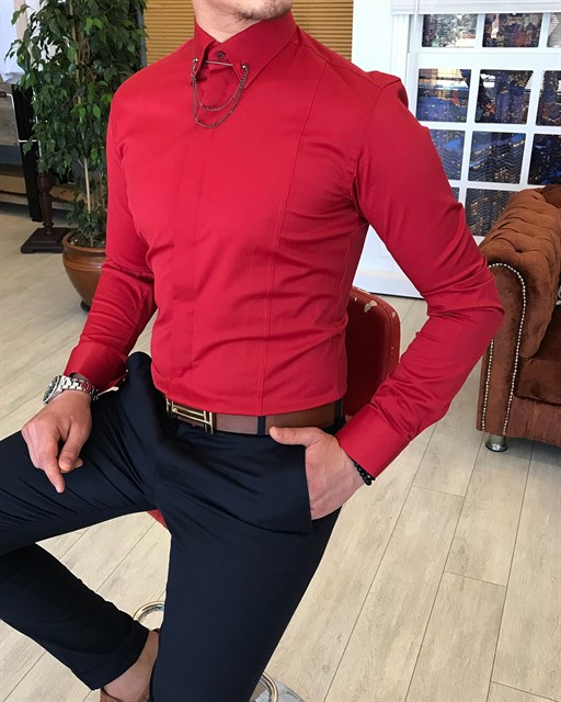 İtalyan kesim slim fit erkek  saten kırmızı zincirli gömlek T4096