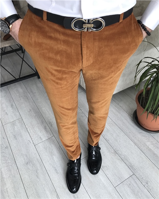 İtalyan kesim slim fit kadife kumaş pantolon Camel T8527