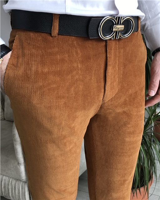 İtalyan kesim slim fit kadife kumaş pantolon Camel T8527