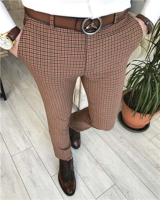 İtalyan kesim slim fit kareli kumaş pantolon Camel T8524