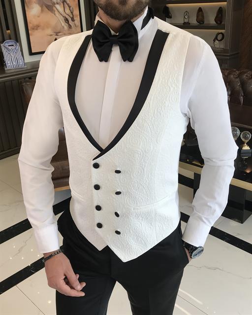 Italian cut slim fit swallow collar jacket vest trousers groom suit set white T9626
