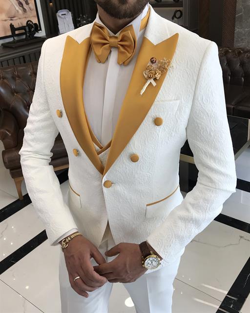 Italian cut slim fit swallow collar jacket vest trousers groom suit set white T9625