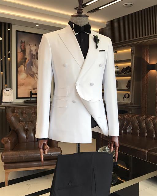 Italian cut slim fit double breasted jacket trousers groom suit set white T9211