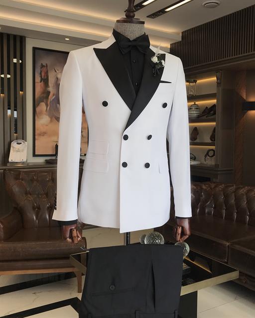 Italian cut slim fit double breasted jacket trousers groom suit set white T9212