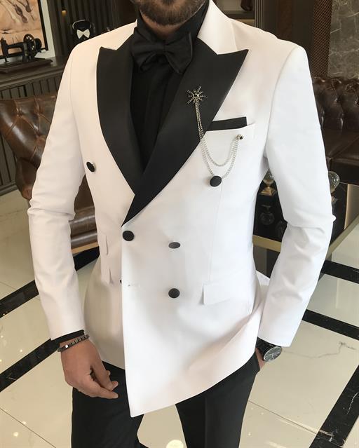 Italian cut slim fit double breasted jacket trousers groom suit set white T9212