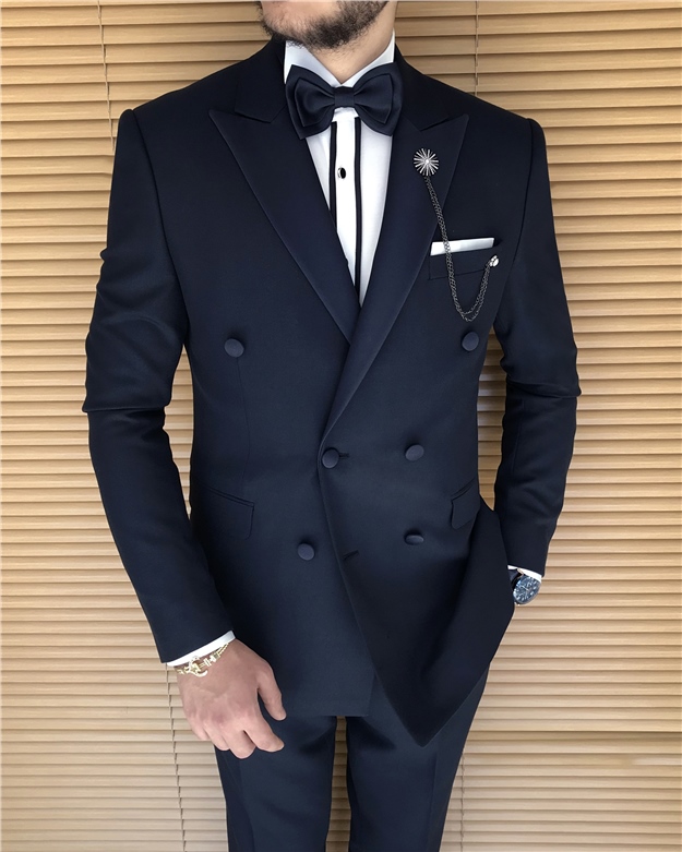 İtalyan kesim slim fit kruvaze ceket pantolon damatlık set Lacivert T8227