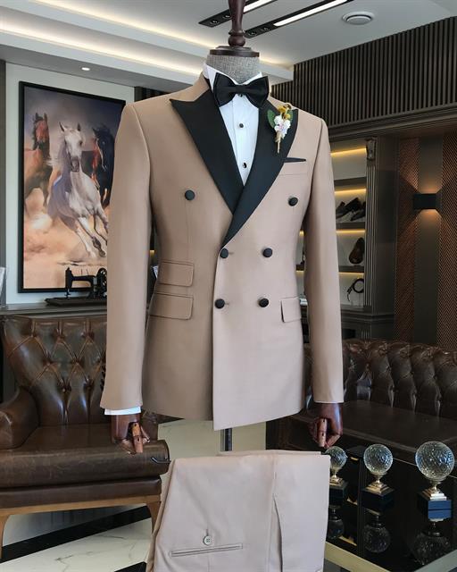Italian cut slim fit double breasted jacket trousers groom suit set camel T9219