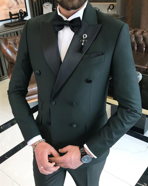 Italian cut slim fit double breasted jacket trousers groom suit set green T9218