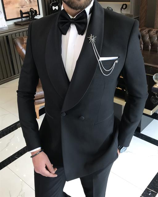 Italian cut slim fit double breasted jacket trousers groom suit set black T9620