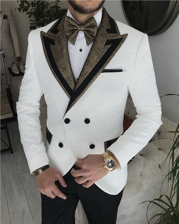 İtalyan kesim slim fit kruvaze ceket pantolon damatlık set Beyaz T8231