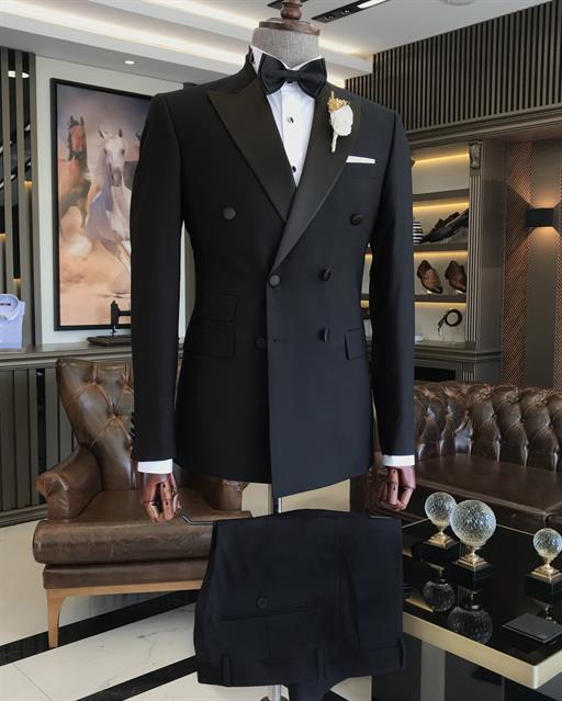 Italian cut slim fit double breasted jacket trousers groom suit set black T9213
