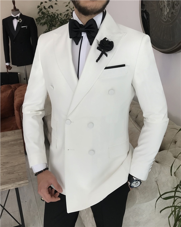 İtalyan kesim slim fit kruvaze ceket pantolon damatlık set Beyaz T8280