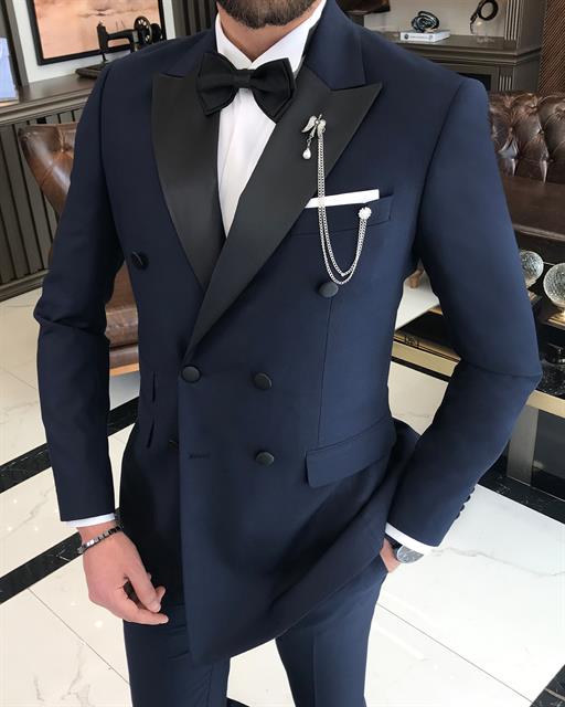 Italian cut slim fit double breasted jacket trousers groom suit set navy blue T9214