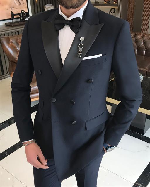 Italian cut slim fit double breasted jacket and trousers groom suit set navy blue T9215