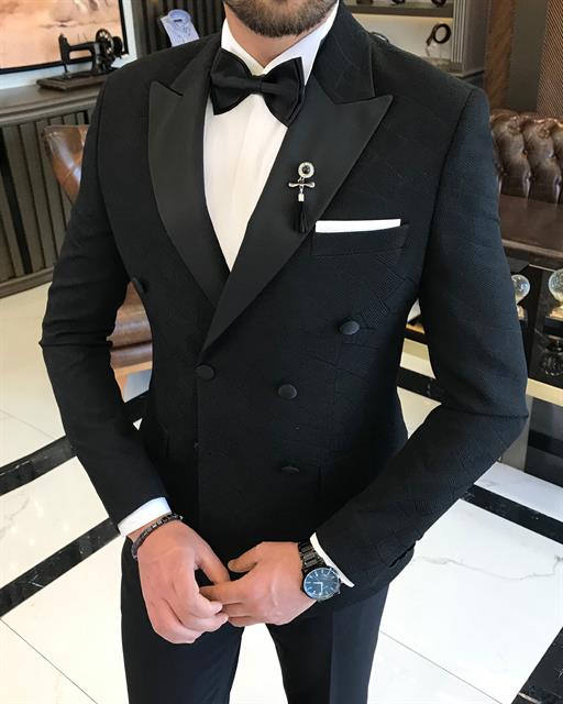 İtalyan kesim slim fit kruvaze geometrik desen ceket pantolon damatlık set siyah T9616