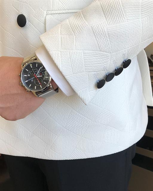 İtalyan kesim slim fit kruvaze geometrik desen ceket pantolon damatlık set ekru T9617