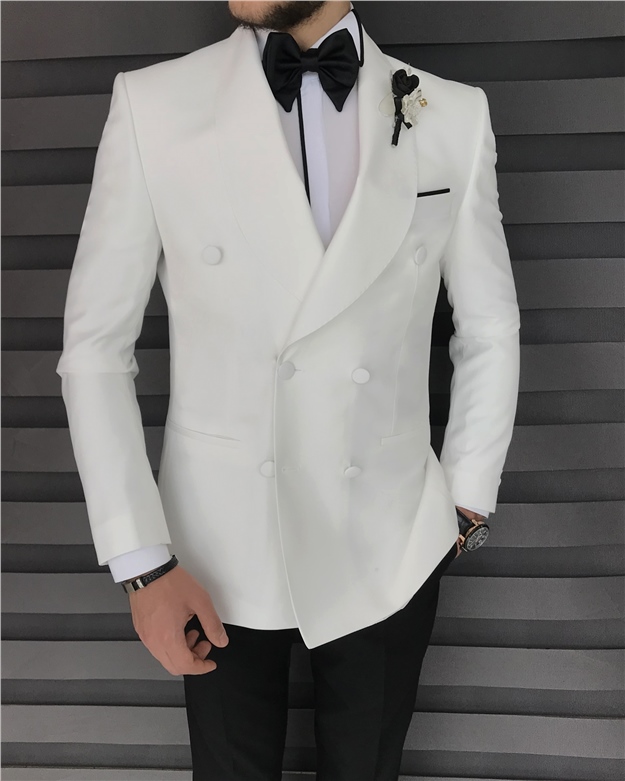 İtalyan kesim slim fit kruvaze şal yaka  ceket pantolon damatlık set Beyaz T8281