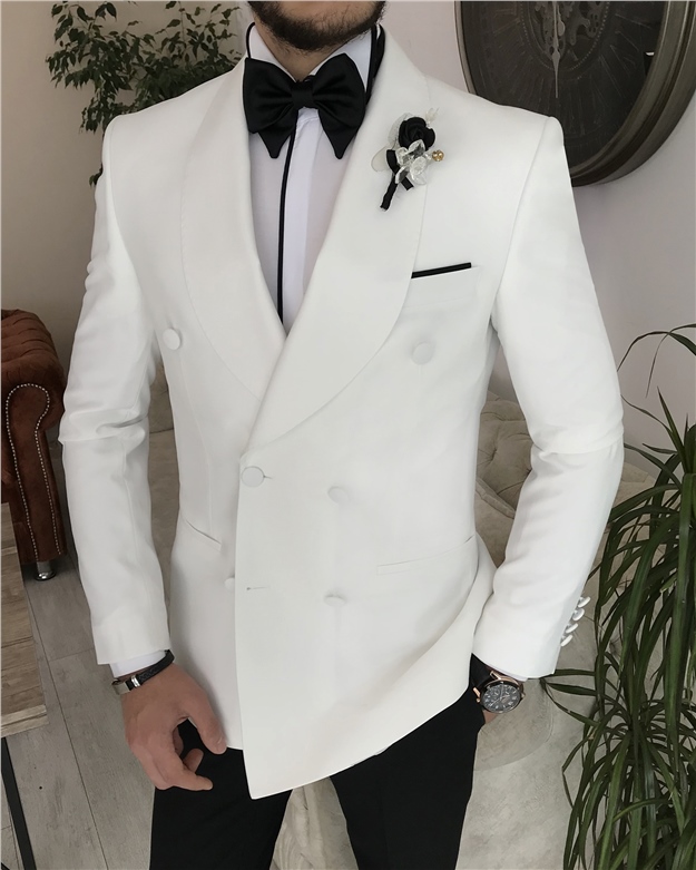 İtalyan kesim slim fit kruvaze şal yaka  ceket pantolon damatlık set Beyaz T8281