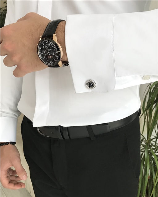 İtalyan kesim slim fit özel papyon ve kol düğmeli ata yaka erkek gömlek Beyaz T8331