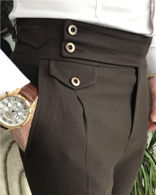 İtalyan kesim slim fit pileli kumaş pantolon Kahverengi T8526