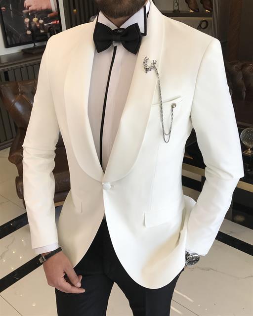 İtalyan kesim slim fit şal yaka ceket pantolon damatlık set beyaz T9570