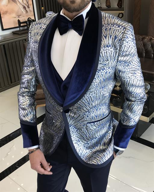 Italian cut slim fit shawl collar jacket vest trousers groom suit set navy blue T9624
