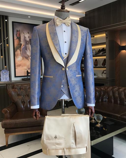 İtalyan kesim slim fit şal yaka ceket yelek pantolon damatlık set mavi T9623