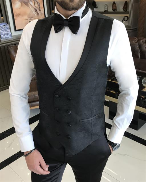 Italian cut slim fit shawl collar jacket vest trousers groom suit set black T9622