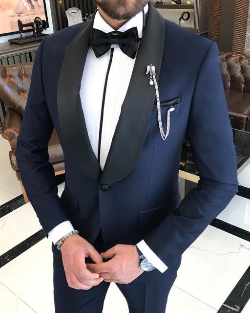 Italian cut slim fit shawl collar jacket trousers groom suit set navy blue T9183