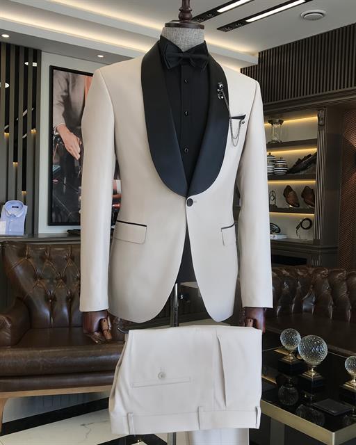 Italian cut slim fit shawl collar jacket trousers groom suit set beige T9178