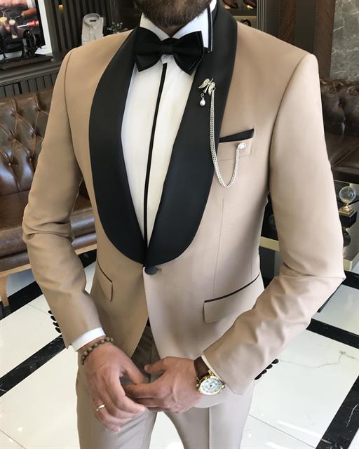Italian cut slim fit shawl collar jacket trousers suit set Camel T9177