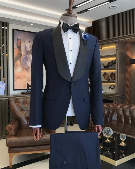 Italian cut slim fit shawl collar jacket trousers groom suit set navy blue T9182