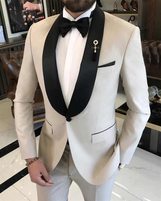 Italian cut slim fit shawl collar jacket trousers groom suit set beige T9178
