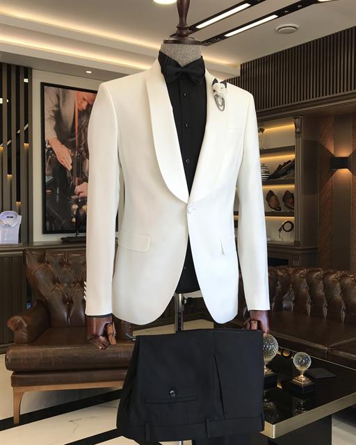 İtalyan kesim slim fit şal yaka ceket pantolon damatlık set beyaz T9570