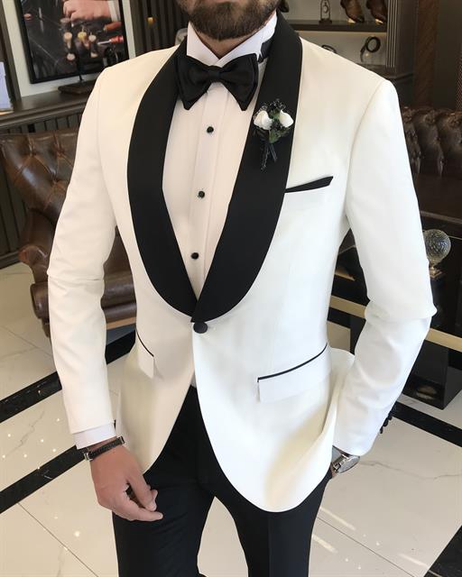 Italian cut slim fit shawl collar jacket trousers groom suit set white T9185