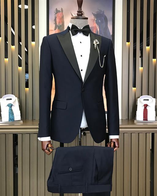 Italian cut slim fit pointed collar jacket trousers groom suit set navy blue T9192