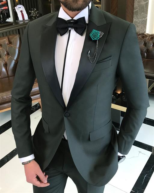 Italian cut slim fit pointed collar jacket trousers groom suit set Green T9189