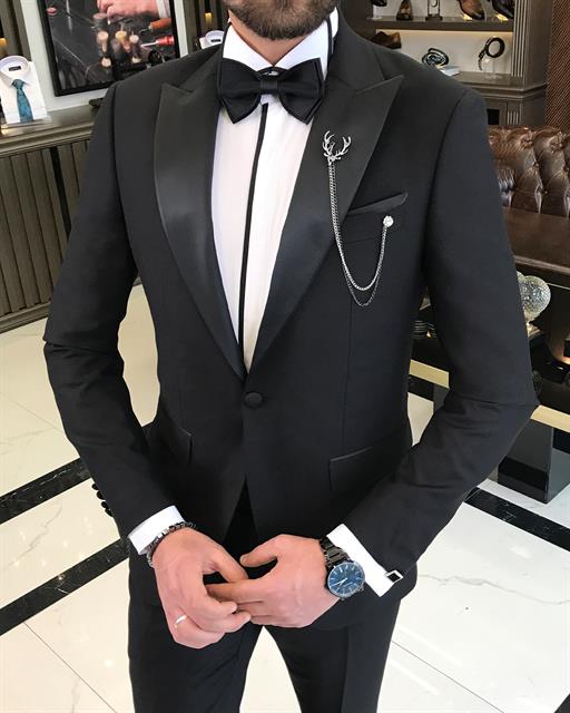 Italian cut slim fit pointed collar jacket trousers groom suit set black T9193