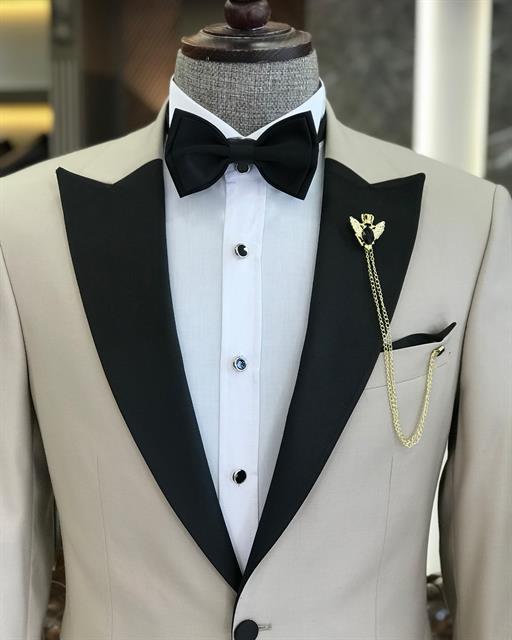 Italian cut slim fit pointed collar jacket trousers groom suit set beige T9187