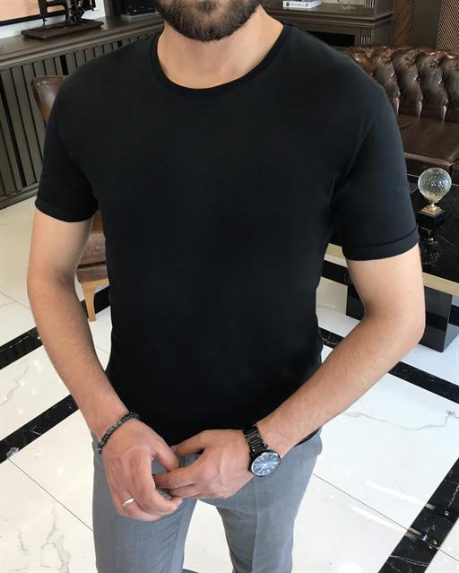Italian style pear collar short sleeve basic t-shirt Black T4657