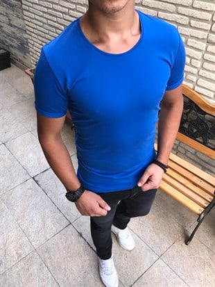 İtalyan stil armut yaka kısa kol basic t-shirt Saks T4661
